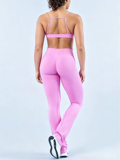 2Pcs Women Sports Yoga Set Halter Neck Sports Bra Flare Leggings Seamless Hip Lifting Quick Dry Gym Fitness Workout Activewear