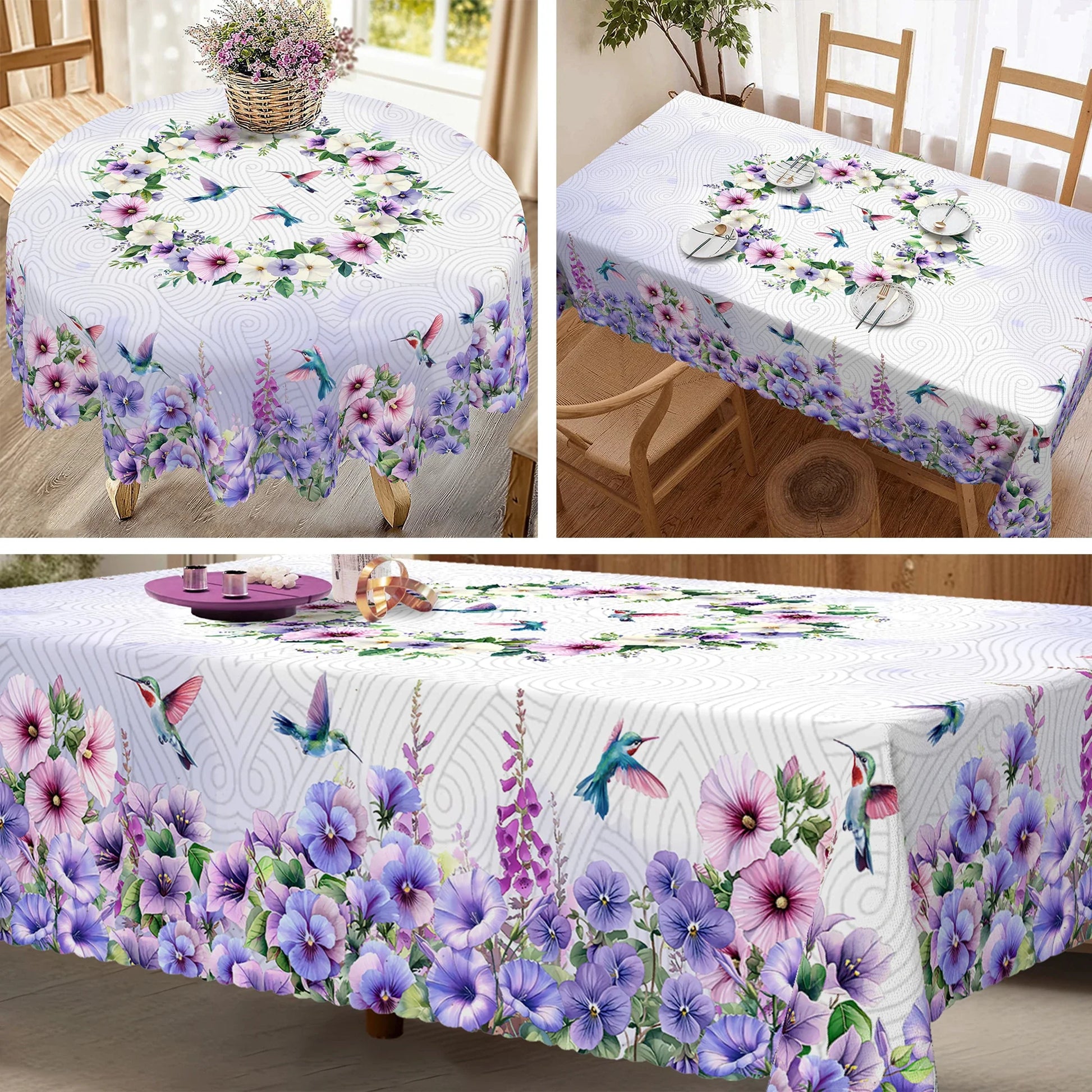 1 Piece, Purple Polyester Tablecloth with Hummingbird and Morning Glory Print + 4 Self-Adhesive Stickers, Pastoral Garden Atmosphere, Embossed Edges, Suitable for Home Kitchen, Living Room Dining Table, Balcony Coffee Table,