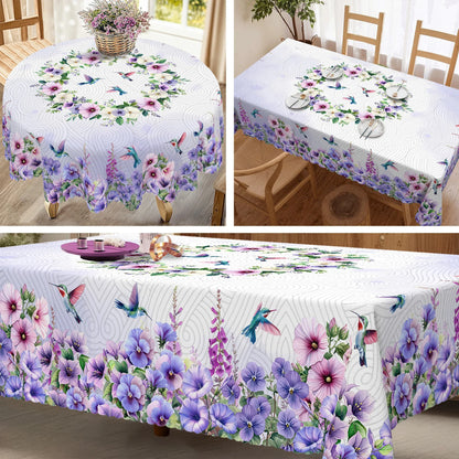 1 Piece, Purple Polyester Tablecloth with Hummingbird and Morning Glory Print + 4 Self-Adhesive Stickers, Pastoral Garden Atmosphere, Embossed Edges, Suitable for Home Kitchen, Living Room Dining Table, Balcony Coffee Table,