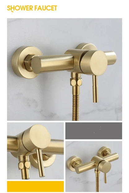 Brushed Gold Bathroom Shower Faucet Set Wall Mounted  ,  Cold and Hot Bath and  Mixer Taps Brass