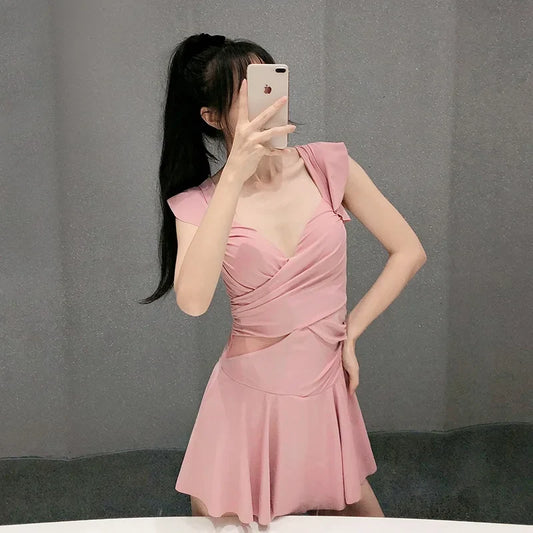 2023 New Fairy Style Thermal Spring One-Piece Swimsuit Belly Covering Slimming Backless Gown Sexy Gathered Casual Swimwear