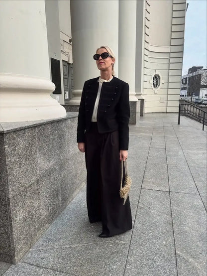Black Round Neck Military Jacket Women Casual Full Sleeve Buttons Cropped Slim Coat 2026 Lady Daily Street Napoleon New Jackets