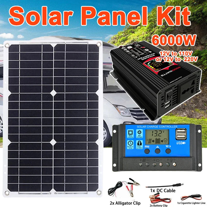 3000W/4000W/5000W/6000W Solar Panel System Power Inverter Kit 12V to 220V with 18V Solar Panel+30A Charge Controlle Power