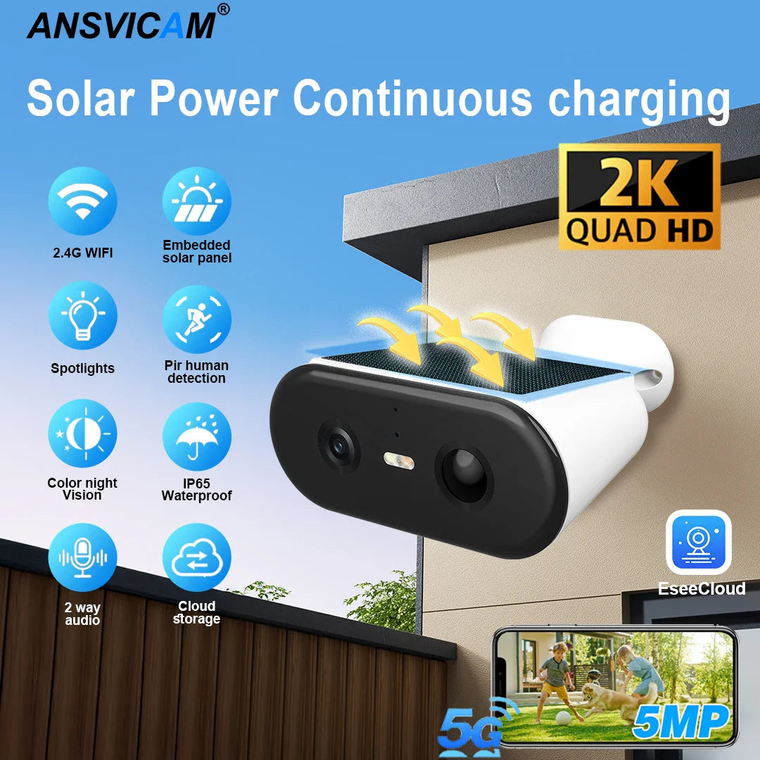 2K Solar Security Camera WIFI Wireless 2.4/5GHz DualBand Outdoor Camera IP65 Waterproof  AI PIR Motion Surveillance Battery Cam