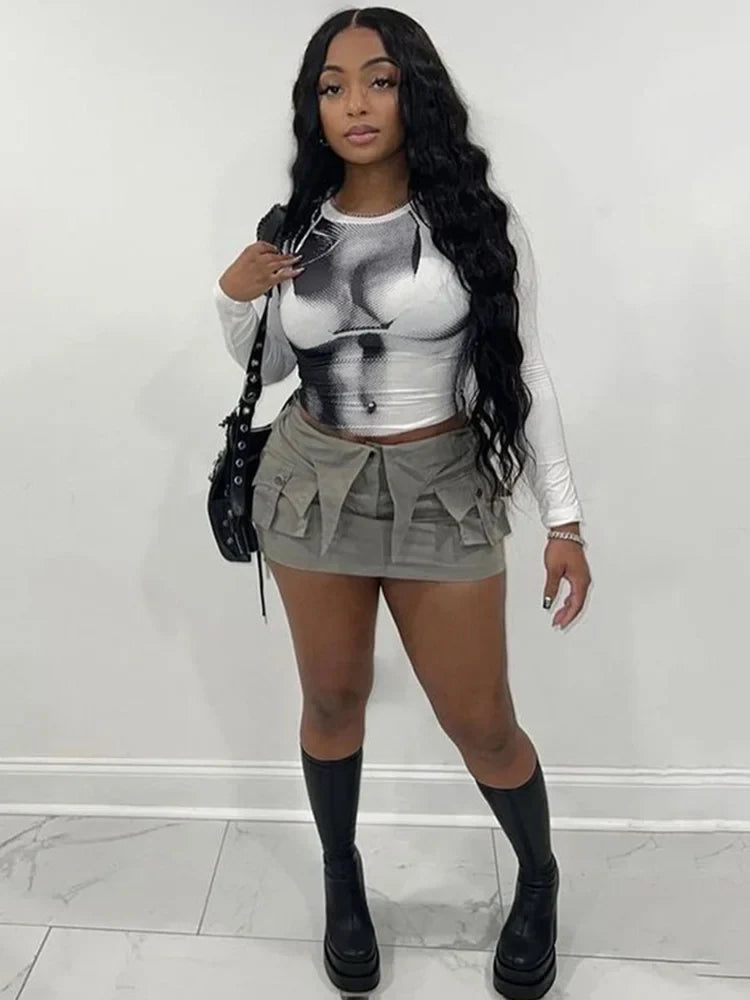 Body Print Crop Tee Shirts Women Fall Spring Y2K Korean Fashion Long Sleeve O-neck Skinny Top Tshirt Streetwear
