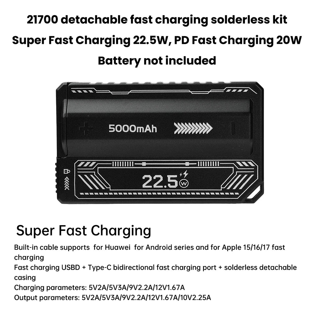 21700 Battery Holder Power Bank Case PD 20W Fast Charging Built-in Cable Detachable Power Bank DIY Battery Case