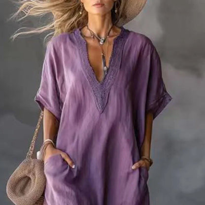 Bohemian Retro Solid Kaftan Dress Women V-Neck Lace Trim Loose Maxi Party Dress Summer Short Sleeve Casual Beach Holiday Dresses