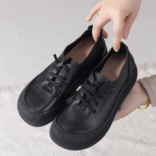 2025 Spring Autumn New Leather Women's Shoes Soft soled Comfortable Versatile Thick soled Casual Shoes Retro Leather Shoes