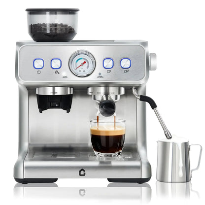 20 Bar Stainless Steel Espresso Machine With Grinder & Milk Frother 2.8L Removable Tank Adjustable Shot Volume For Home Office