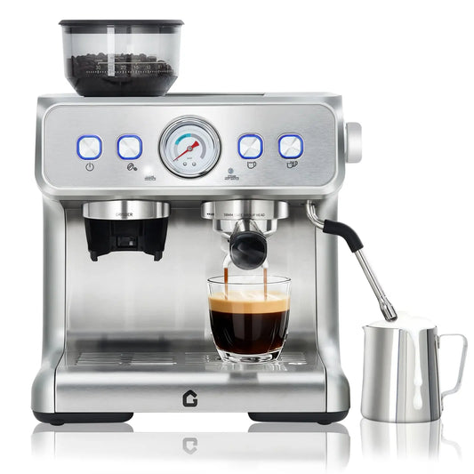 20 Bar Stainless Steel Espresso Machine With Grinder & Milk Frother 2.8L Removable Tank Adjustable Shot Volume For Home Office