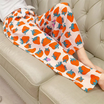 2025 Summer Sleeping Pants Women Thin Bottoms Spring Large Size Home Wear Pants Pajamas Flower Print Loose Cute Beach Trousers