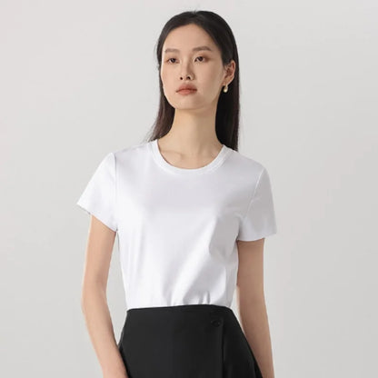 Birdtree 7%  Silk 62% Cotton Solid Female Tshirt,Woman O-neck Short Sleeve Fit Shirt,2025 Spring Summer New T57615JF
