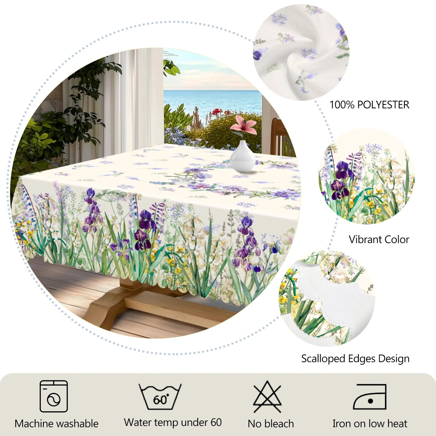 1 Piece of Fresh Spring-Themed Round and Rectangular Tablecloth, Available in Various Sizes, with a Print Featuring Delicate Purple Iris and Vibrant Green Grass, Fine Blue Floral Clusters, and Faintly Patterned Branches and L
