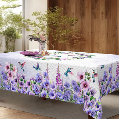 1 Piece, Purple Polyester Tablecloth with Hummingbird and Morning Glory Print + 4 Self-Adhesive Stickers, Pastoral Garden Atmosphere, Embossed Edges, Suitable for Home Kitchen, Living Room Dining Table, Balcony Coffee Table,