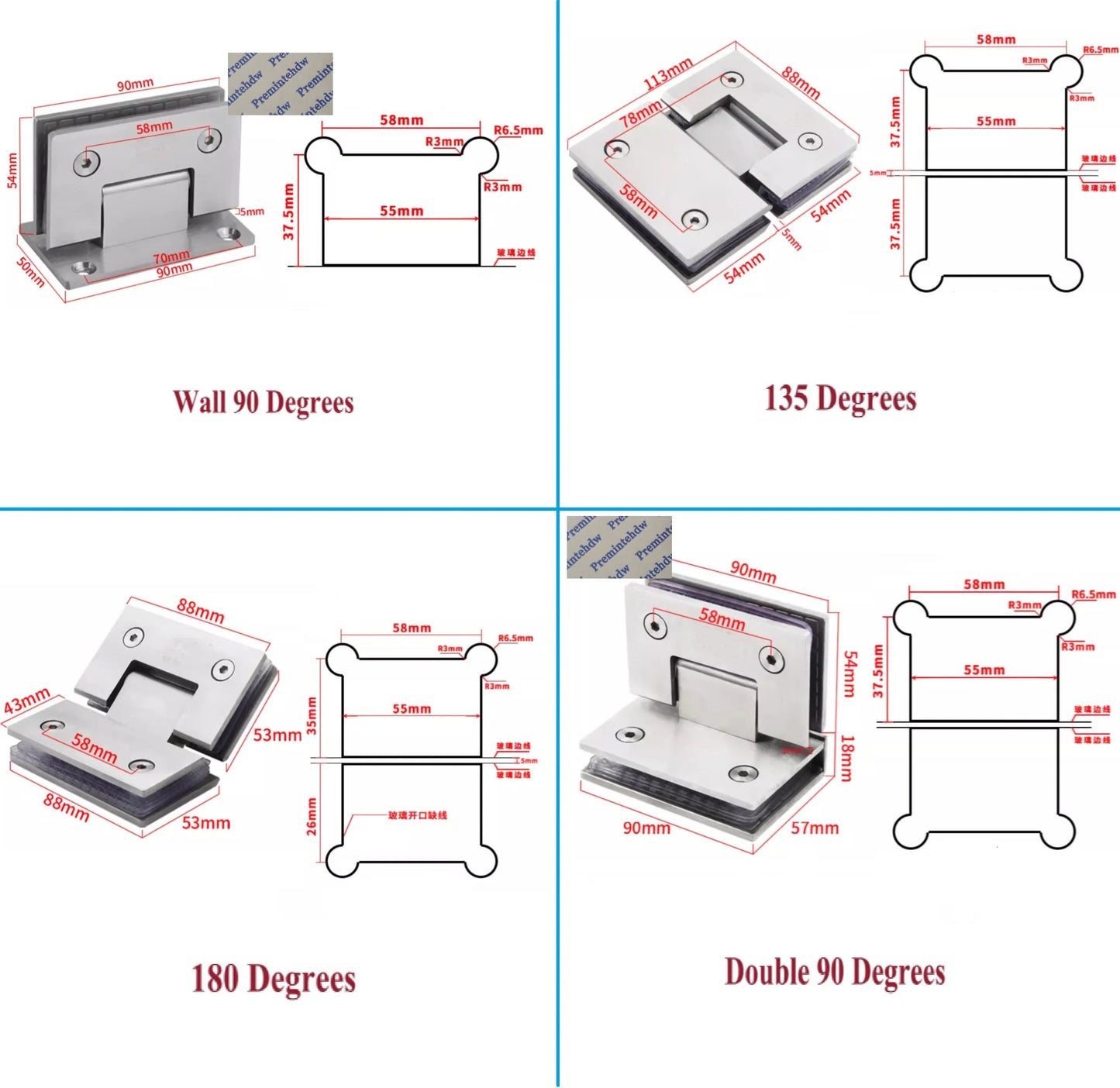 2Pcs 304 Stainless Steel Shower Enclosure Door Hinge 90 135 180 Degrees Rose Gold Matte Black Mirror Antique Bronze White