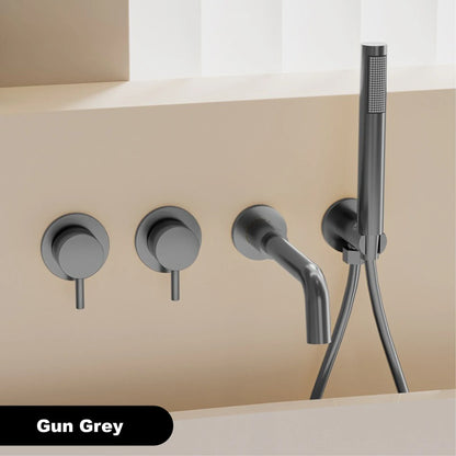 Bathroom Minimalist Gun Gray Brass Wall Mounted Bathtub Faucet with Dual Handles for Hot & Cold Water Dual Function Shower Mixer