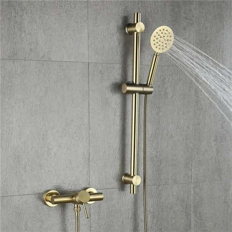 Brushed Gold Bathroom Shower Faucet Set Wall Mounted  ,  Cold and Hot Bath and  Mixer Taps Brass