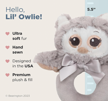 Lil' Owlie Plush Stuffed Animal Gray Owl Soft Ring Rattle
