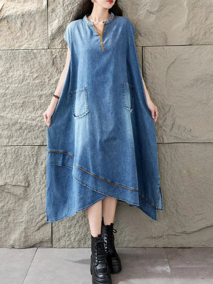 Amax LuluE Korean Summer Long Clothes Womens Fashion Loose Denim Dresses Ladies Classic Casual Big Size Elegant V Neck Vestidos