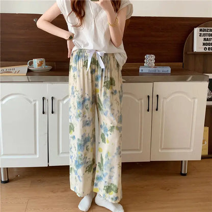 2025 Summer Sleeping Pants Women Thin Bottoms Spring Large Size Home Wear Pants Pajamas Flower Print Loose Cute Beach Trousers