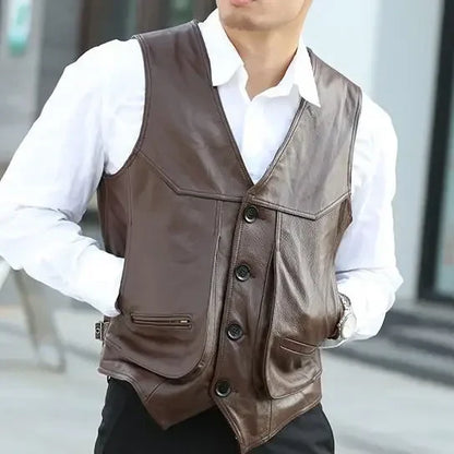 2024 Men Spring Autumn New Genuine Leather Motorcycle Vest Mens Real Cowhide Leather Waistcoat Male V-neck Sleeveless Coat D412
