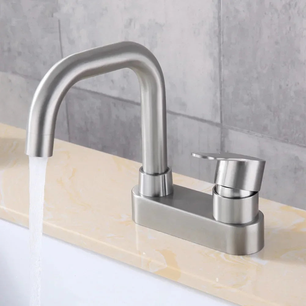 Bathroom Basin Faucet 304 Stainless Steel Sink Mixer Tap Hot Cold Water 2 Holes Deck Mounted Single Handle Faucet NEW