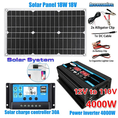 3000W/4000W/5000W/6000W Solar Panel System Power Inverter Kit 12V to 220V with 18V Solar Panel+30A Charge Controlle Power