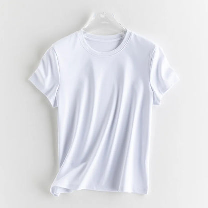 Birdtree 7%  Silk 62% Cotton Solid Female Tshirt,Woman O-neck Short Sleeve Fit Shirt,2025 Spring Summer New T57615JF