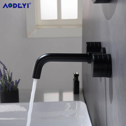 Black Bathroom Faucet Brass Double Lever Wall Mounted Sink Faucets Hot Cold Water Polished Taps Basin Mixer Brushed Gold Tap Set