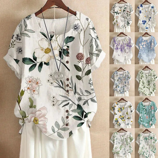 2025 Summer retro fashion printed loose casual shirt top, suitable for casual or vacation ladies' beachwear
