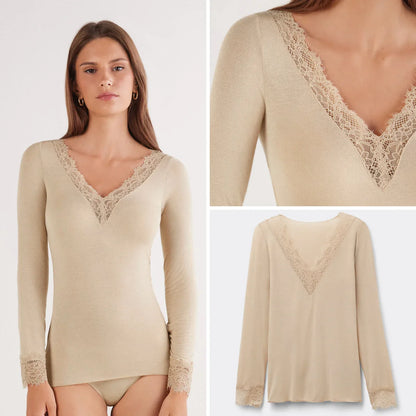 Absobe Long Sleeve Lace Trim T-shirt Women Sexy Low Cut V-Neck Patchwork Versatile Slim Female Top Solid Color Casual Streetwear
