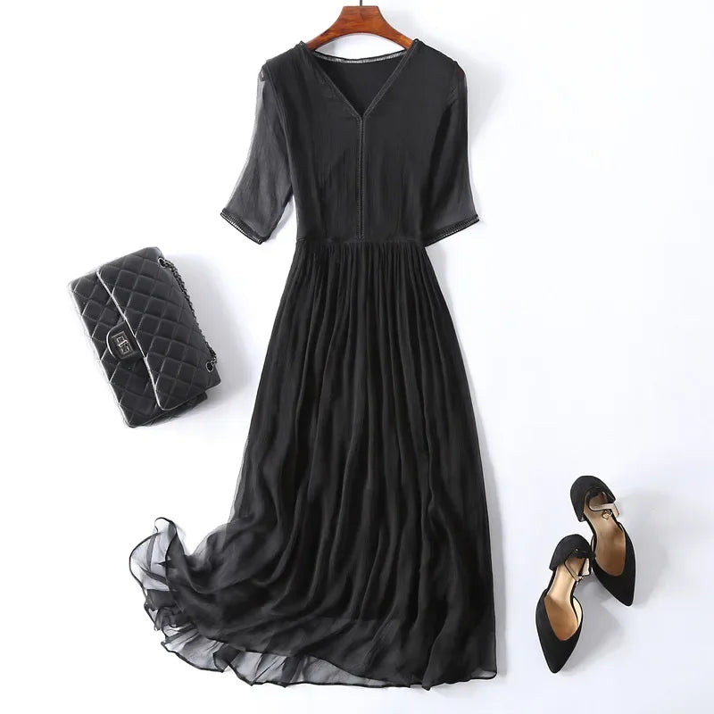 100% Real Silk Summer Dress Women Elegant Red Dresses For Women Clothing Office Lady Holiday Beach Dress Vestido De Mujer Zm274
