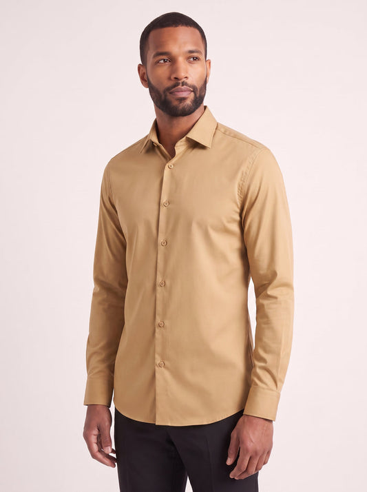 Tan slim fit dress shirt on model - front view - KCT Menswear